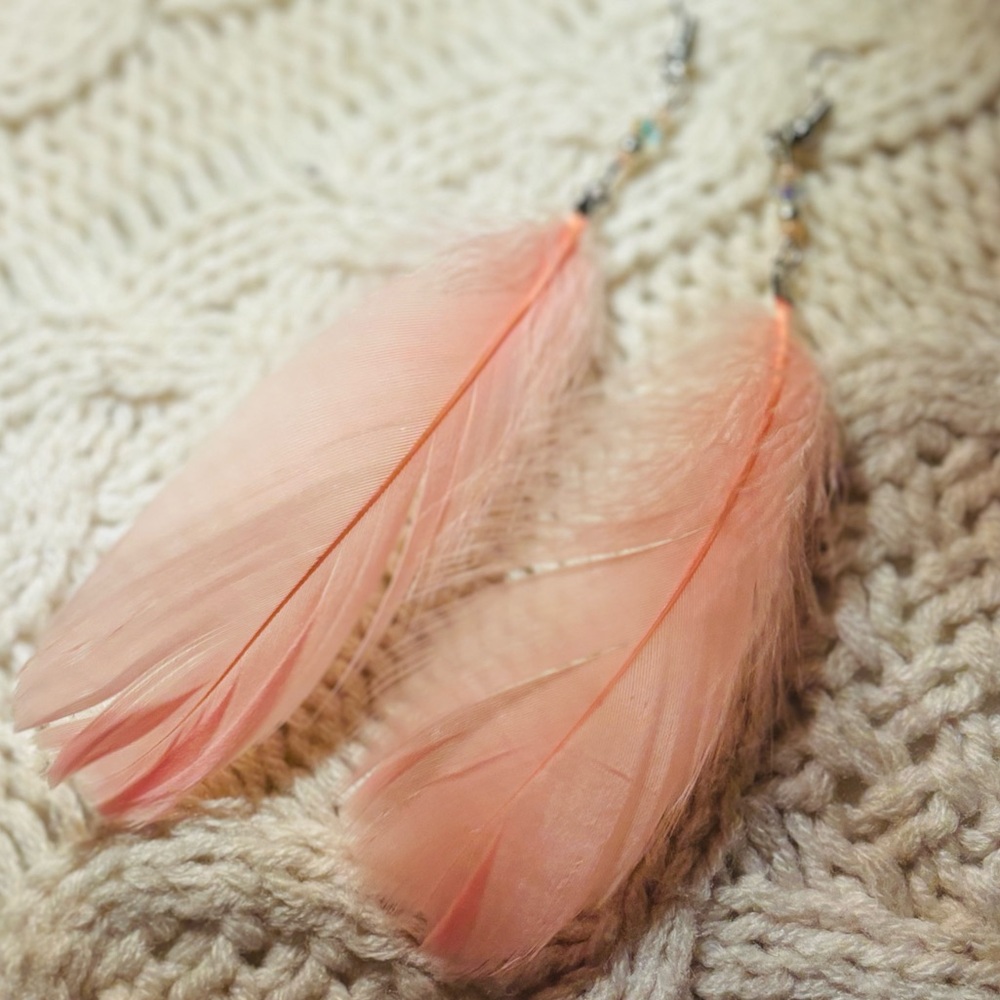 🪶 Peachy-Pink Boho Feather Festival Earrings | OOAK Handcrafted With Love 🍑 - Picture 1 of 13